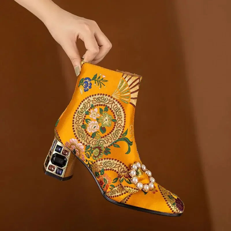 Embroidery Floral Ankle Boots Genuine Leather