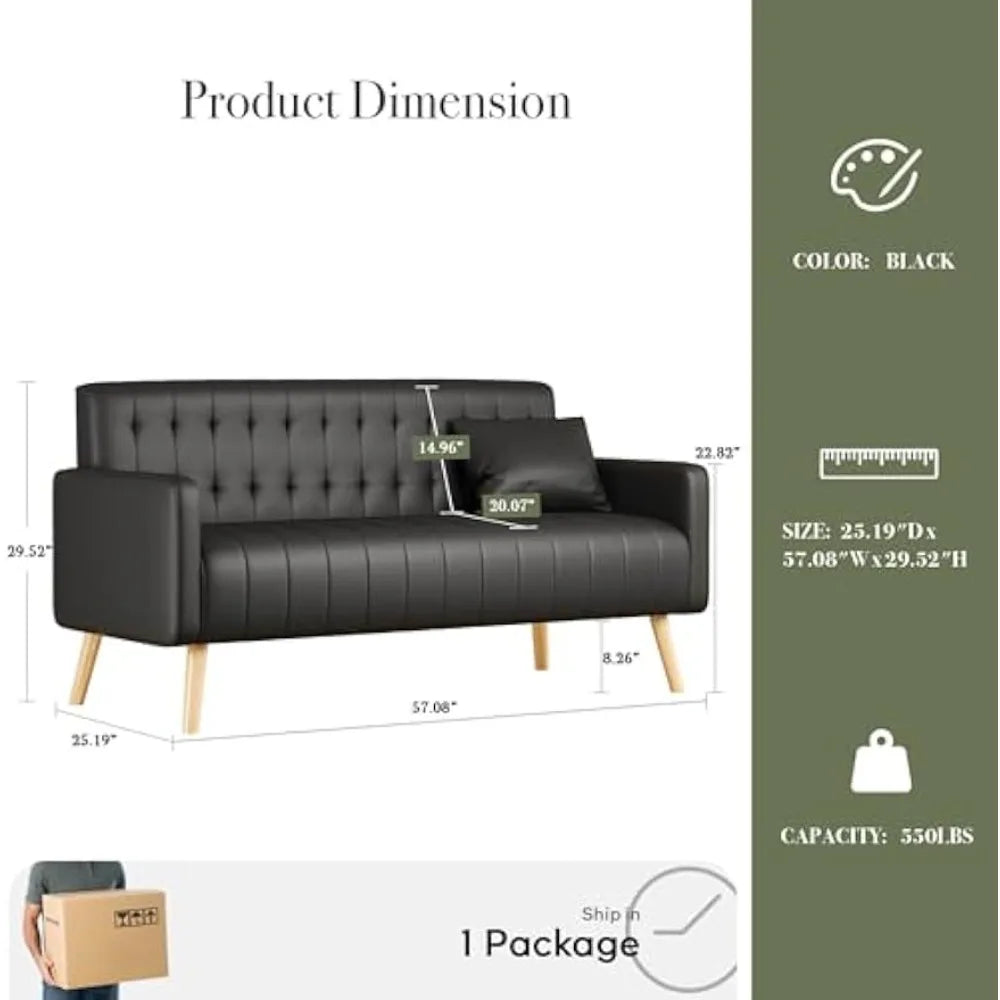 57” Small Black Faux Leather Couch w/USB Charging Ports