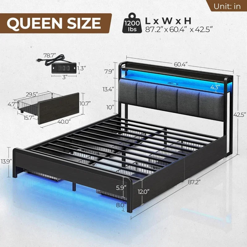 Bed Frame Queen Size with Charging Station and LED Lights, Upholstered Storage, Drawers