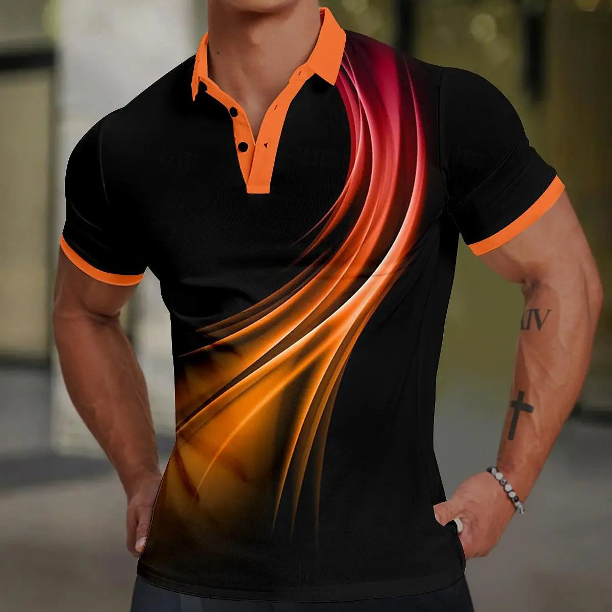 3d Colorful Line Print Short Sleeve Polo Shirt