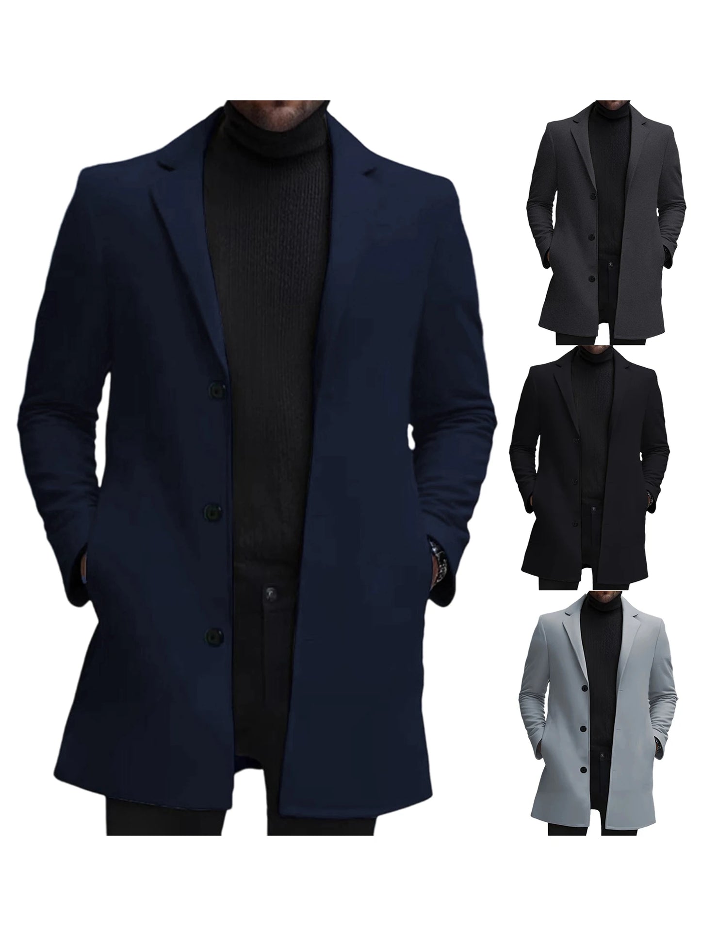 Wool Blend Pea Coat with Lapel Collar and Single Button Closure