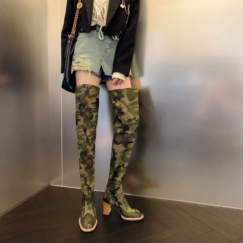 Over Knee High Quality Camo Boots Rounded Head