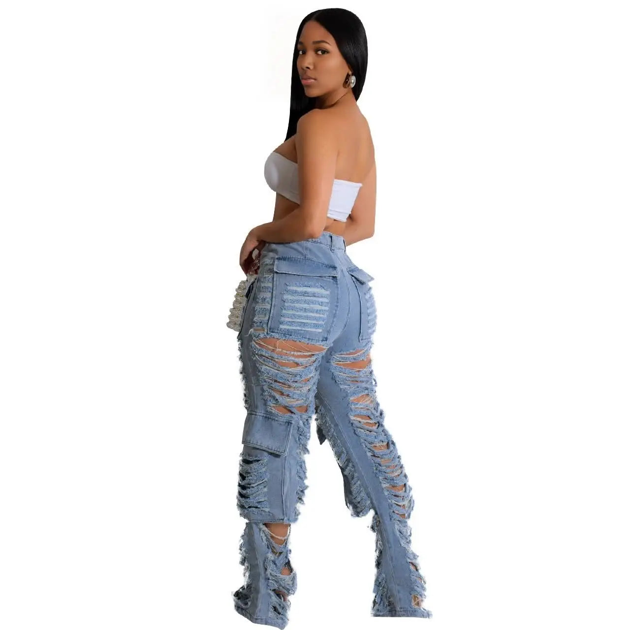 Ripped Hollow Out Cargo Pockets Women's Jeans