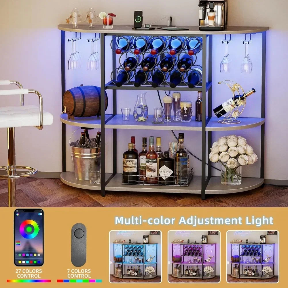 Wine Bar Cabinet with LED Lights and Power Outlets