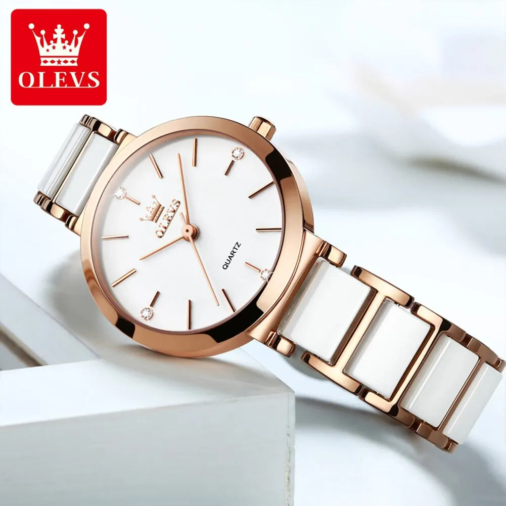 Luxury Rose Gold Watch Quartz Ceramic Strap