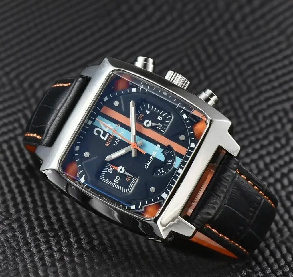 Monaco Square Case Leather Strap Watch