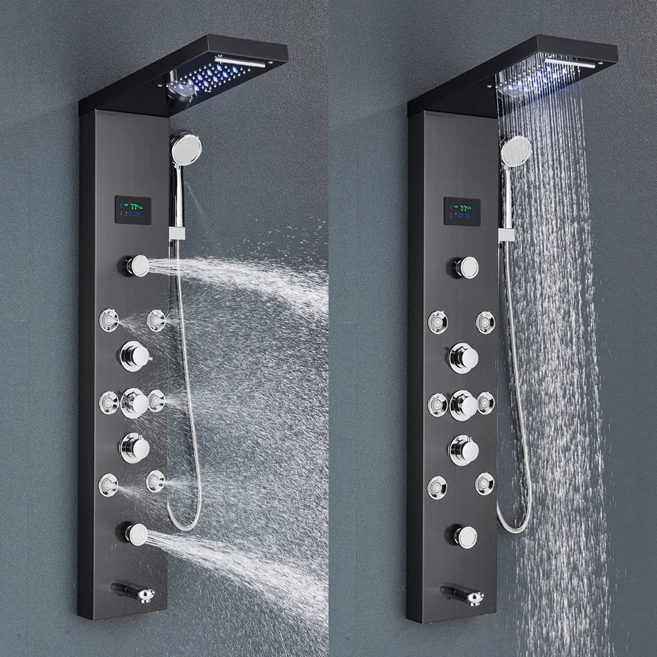 Black/Brushed Bathroom LED Rainfall Shower Panel System