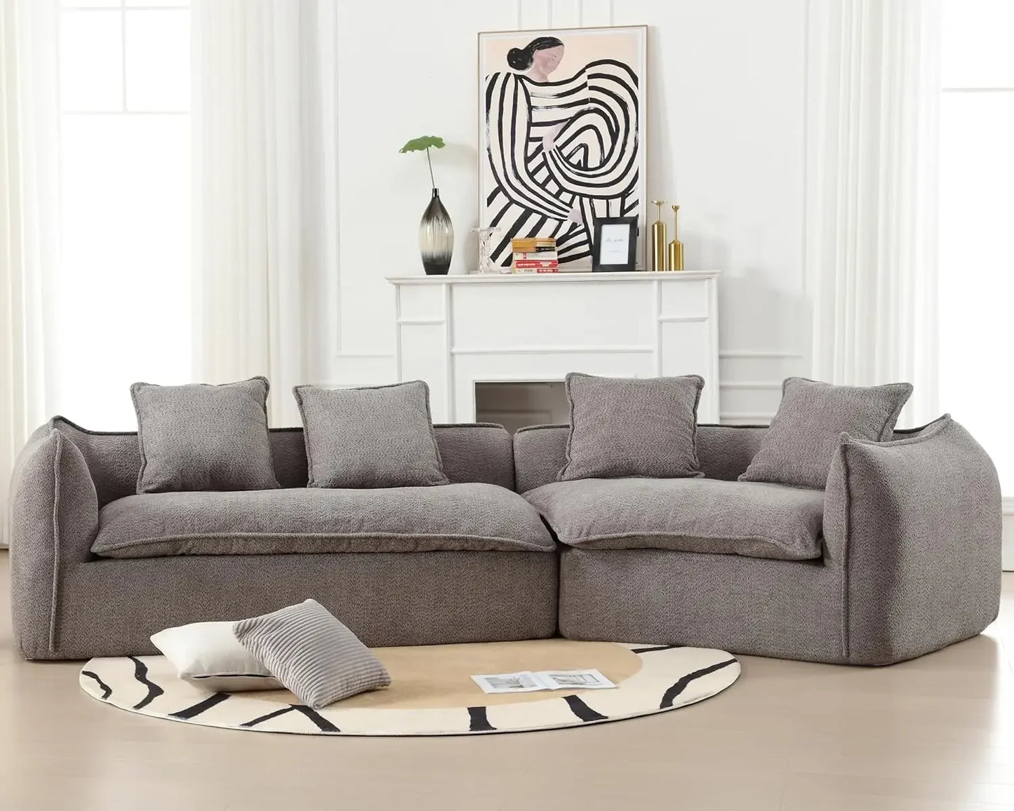 Curved Boucle Modern Sectional Sofa Cloud Deep Seat Couch