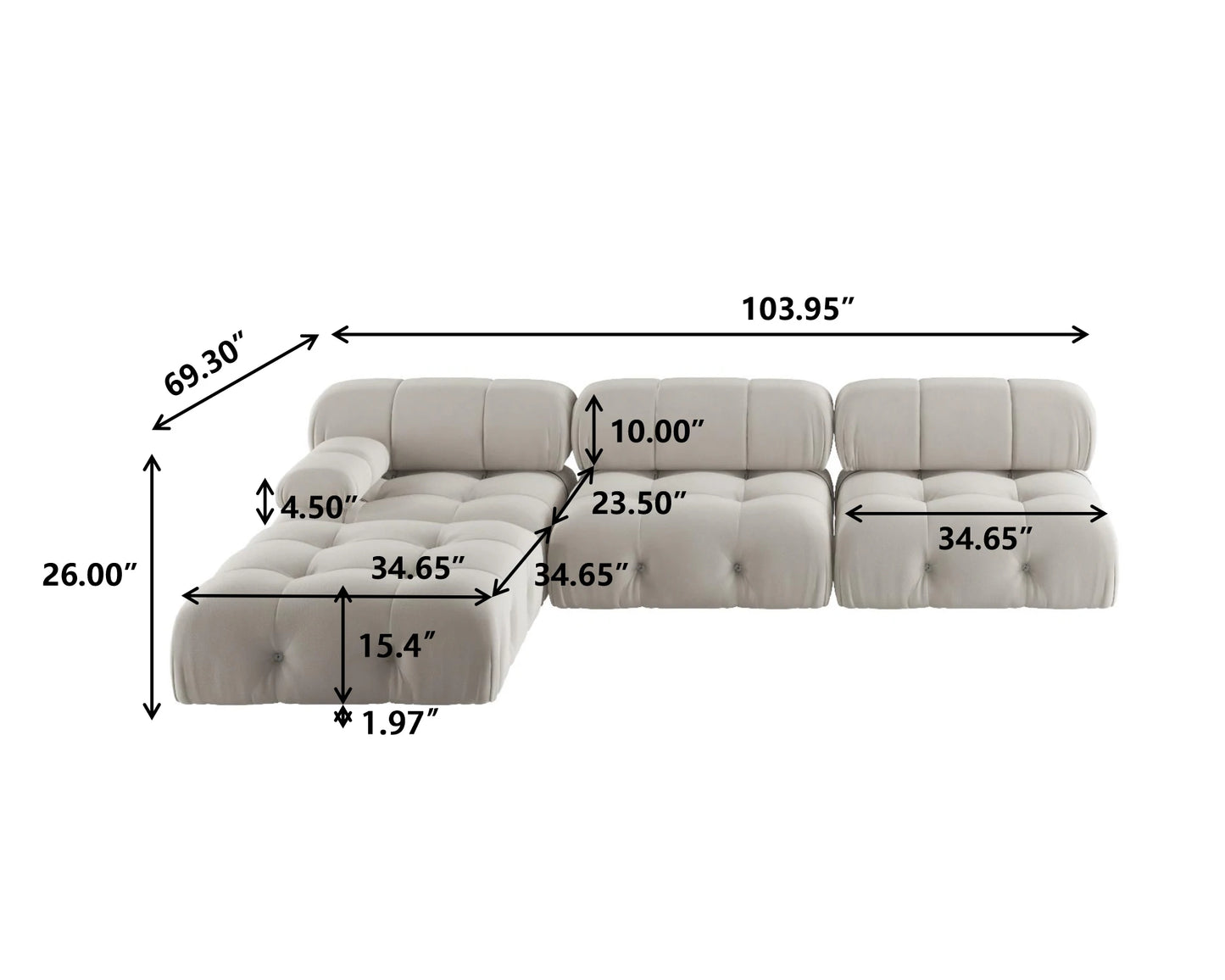 104" Modular Sectional Sofas Luxury Modern Velvet 4-Seat