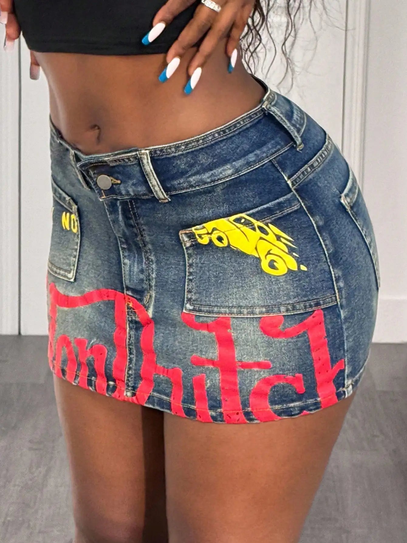 Letter Print Low Waist Denim Mini Skirt