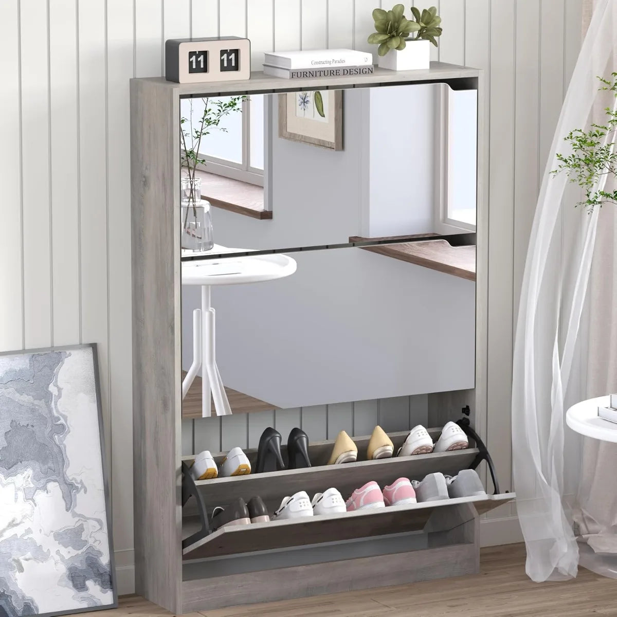 Shoe Cabinet with 3 Flip Mirror Drawers Slim