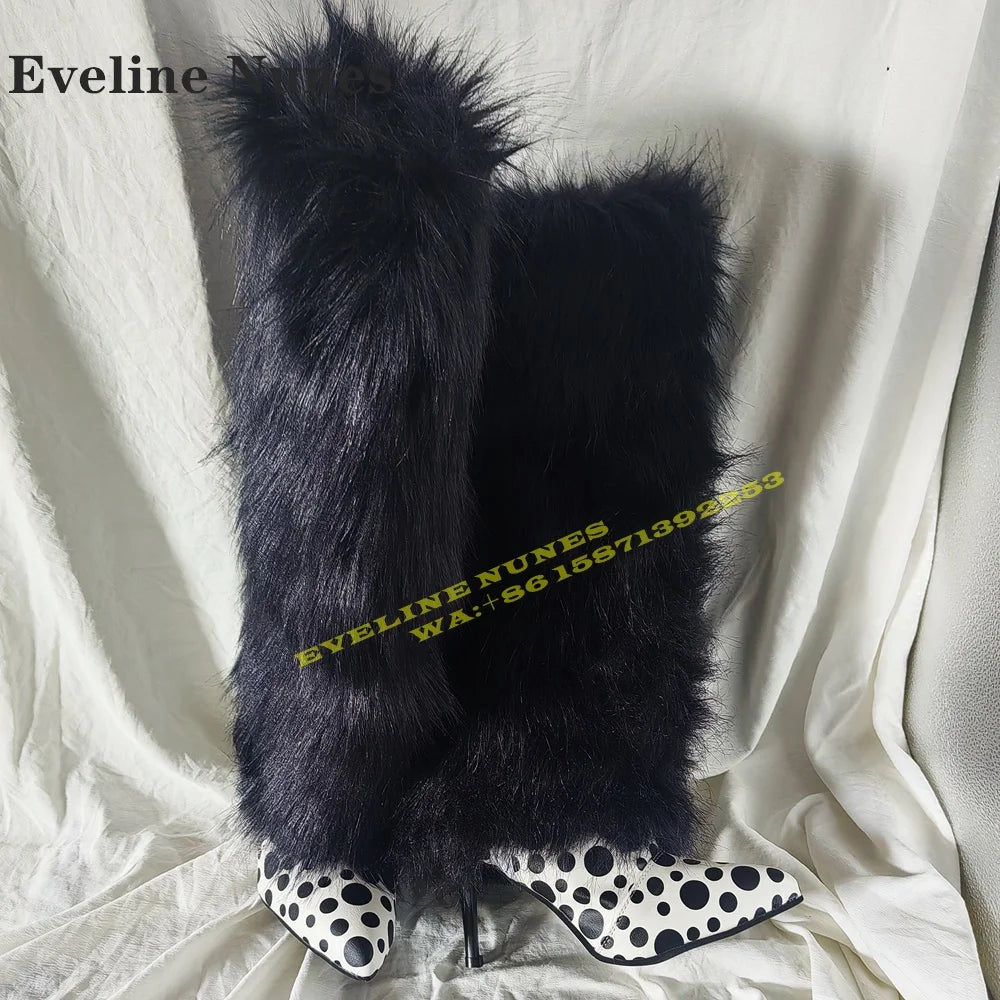 Fur Black Polka Dots Sexy Snow Boots Pointed Toe Thin Heels