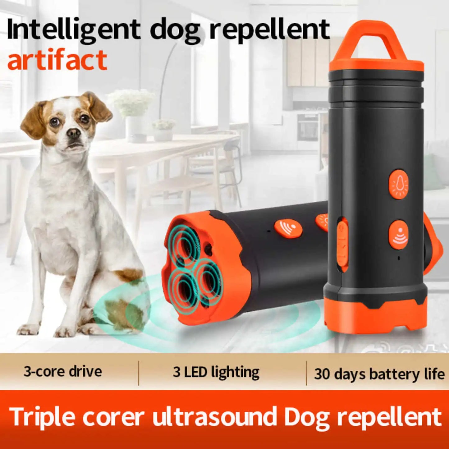 Ultrasonic Dog Repeller with LED Light Tri-core High Power