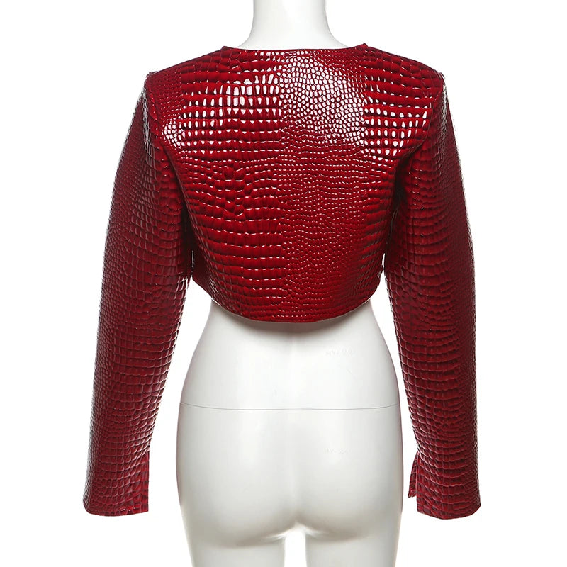 O Neck Long Sleeve Faux Leather Cropped Jacket