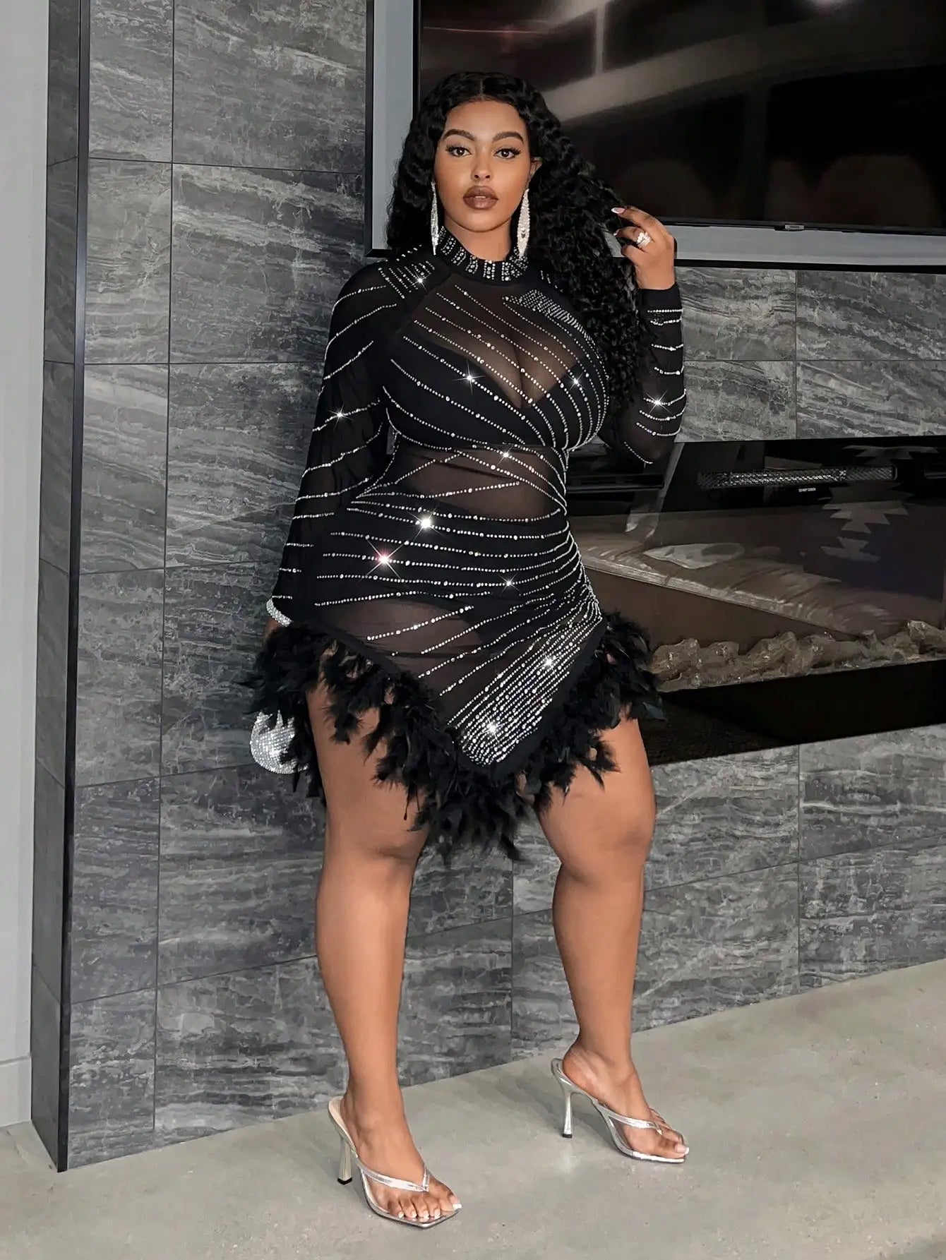 Plus Size Rhinestone Feather Mini Dress