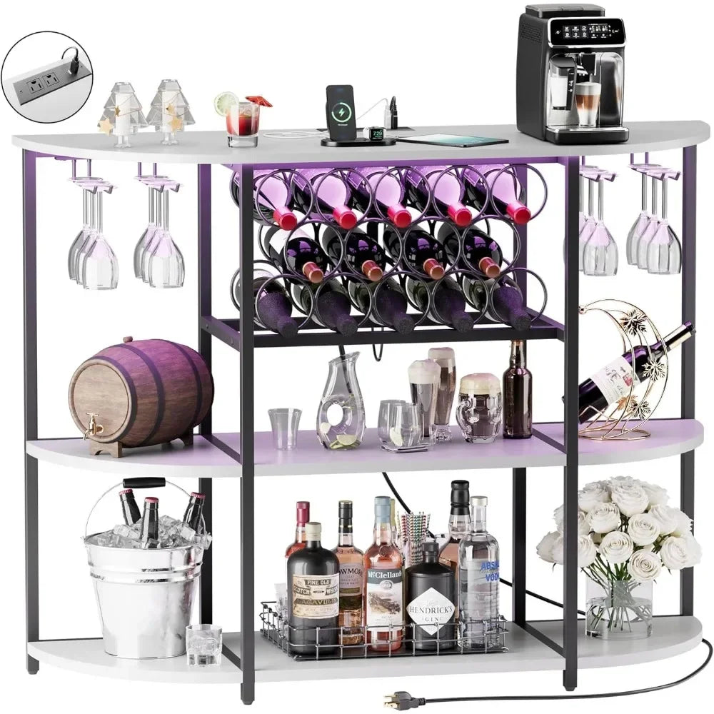 Wine Bar Cabinet with LED Lights and Power Outlets