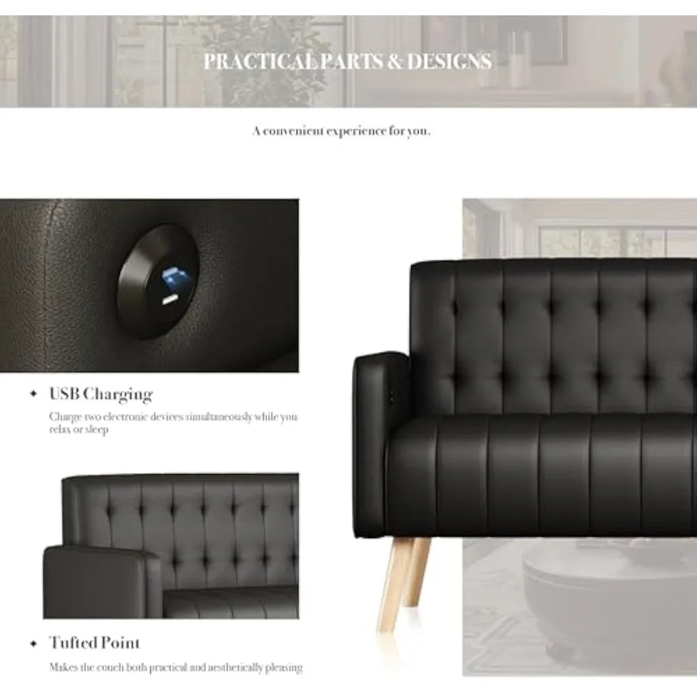 57” Small Black Faux Leather Couch w/USB Charging Ports