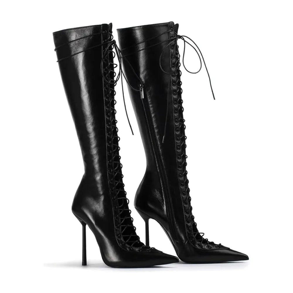 Denim Cross Tied Short Boots Pointed High Heel