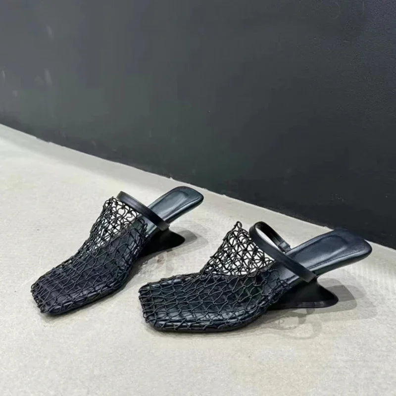 Hollow Out Mesh Square Toe Mules Slippers