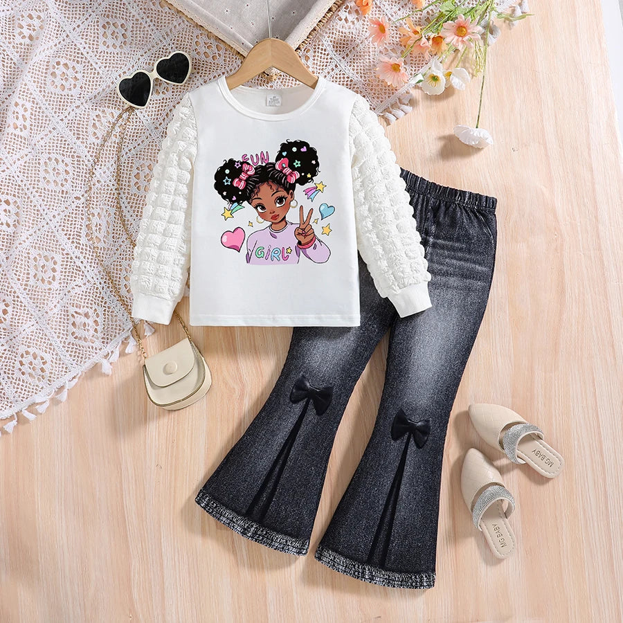 Girls' Fashion Set Cartoon Printed Long Sleeve and Solid Color Slimming Pants