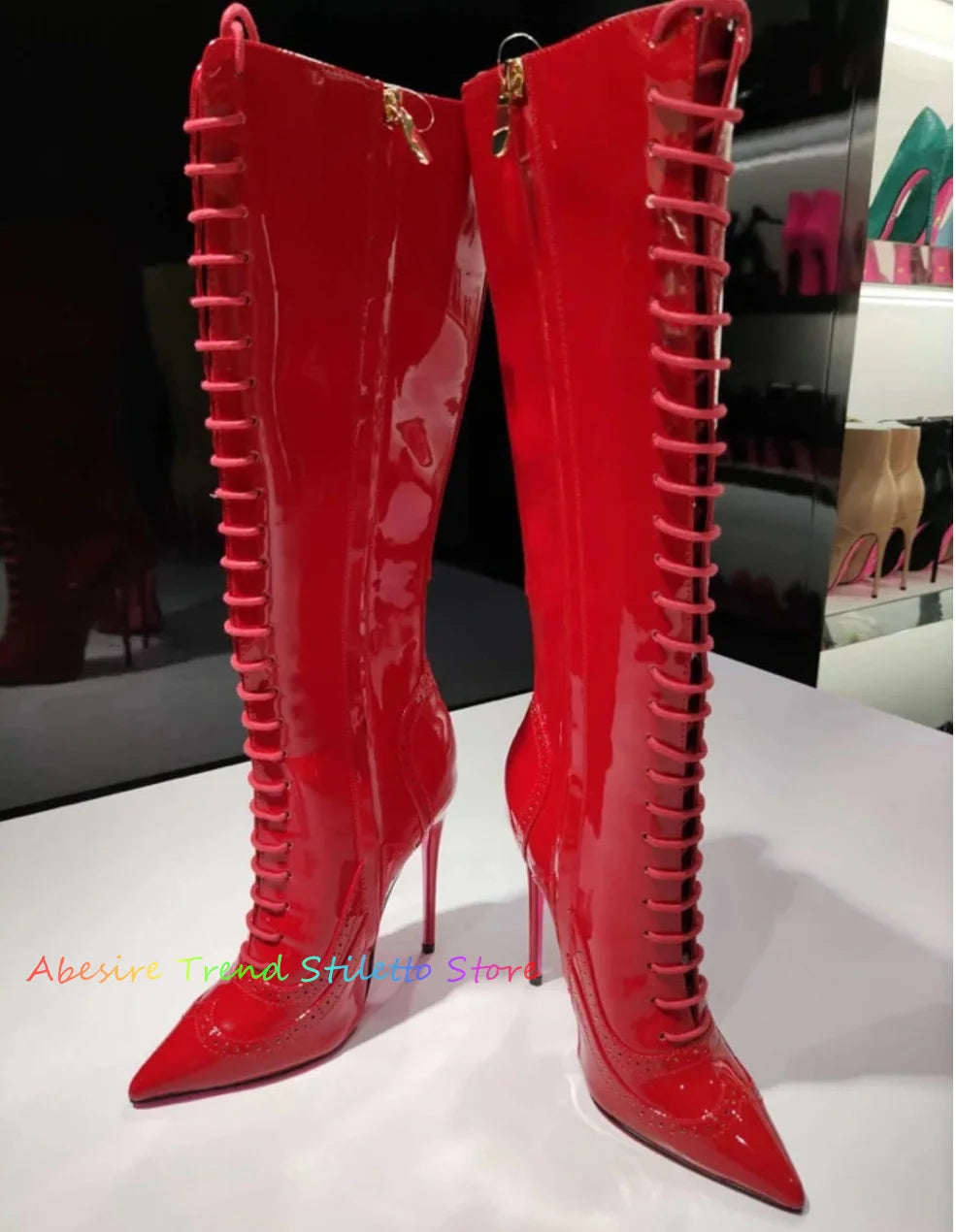 White Pointy Toe Lace Up High Heel Boots