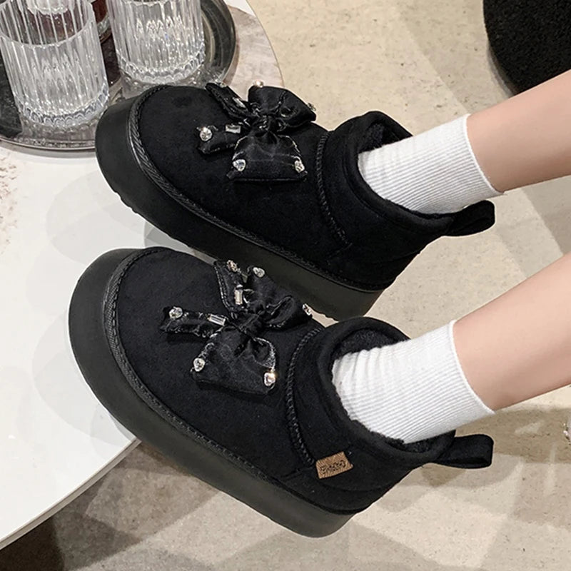 Diamond-Studded Butterfly-Knot Thicken Plush Ankle Boots