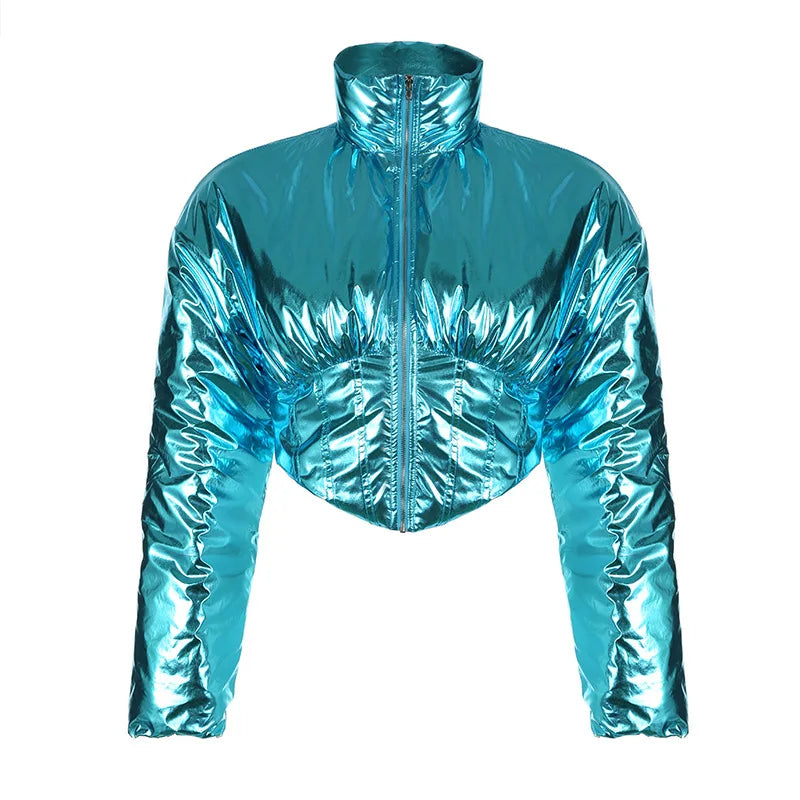 Blue Metallic Long Sleeve Cropped Puffer Jacket