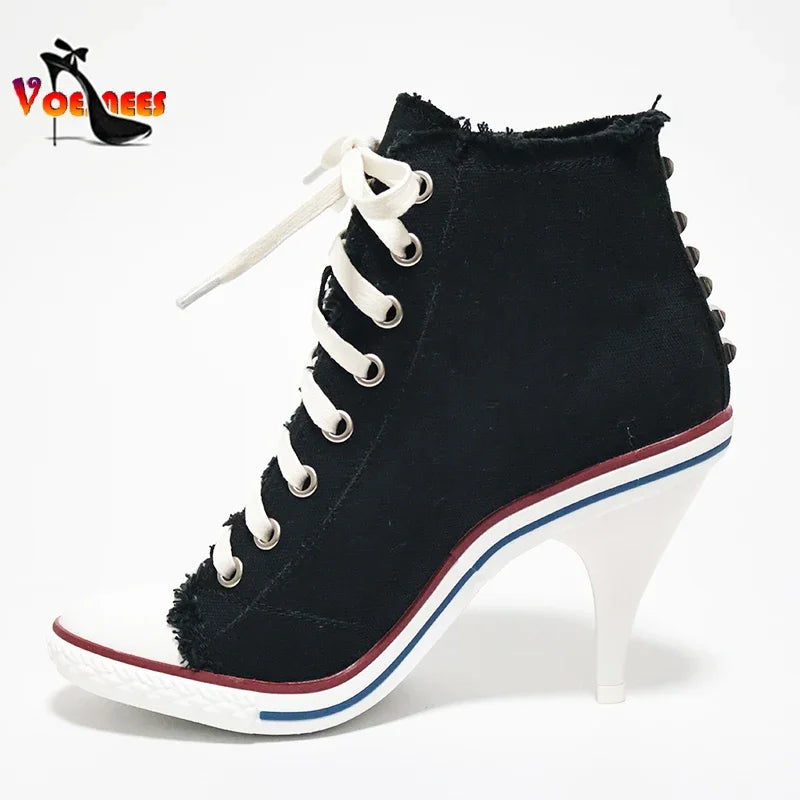 High Top Canvas Women Boots Thin Heel
