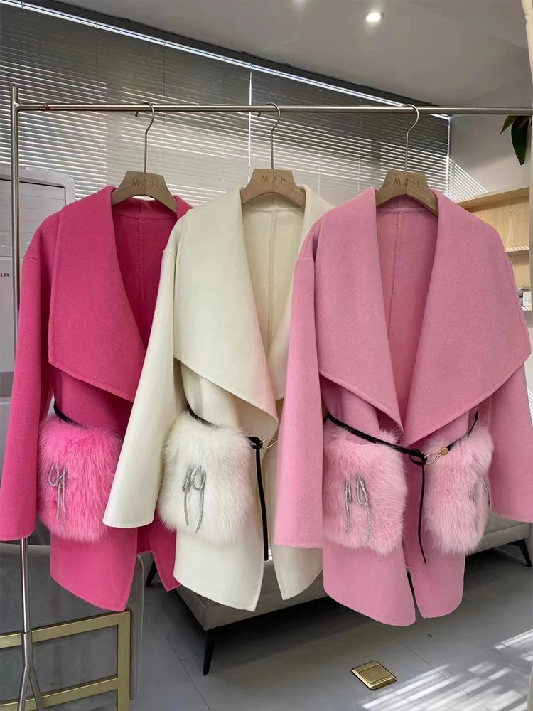 Real Natural Fox Fur Pocket Coat Cashmere Wool