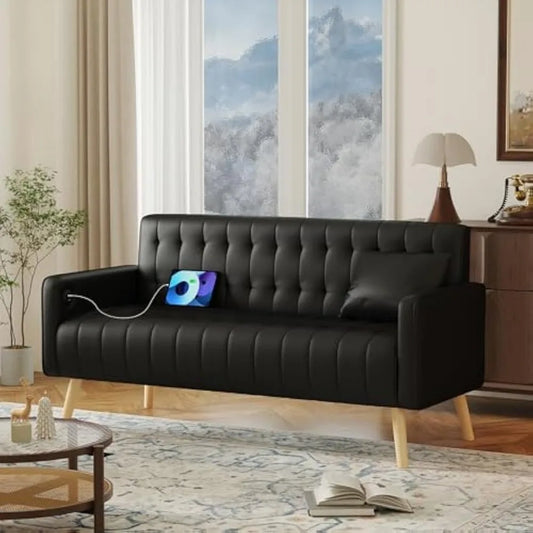 57” Small Black Faux Leather Couch w/USB Charging Ports