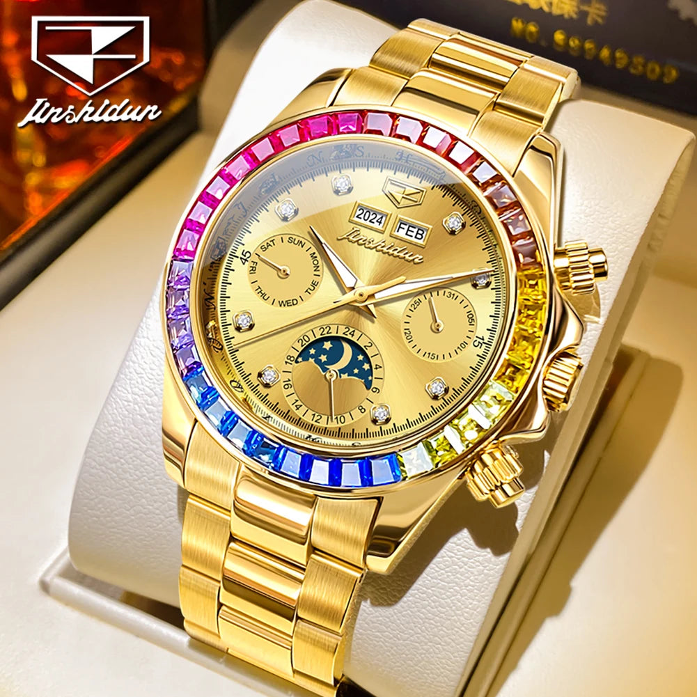 Fully Automatic Rainbow Gemstone Bezel Mens watch