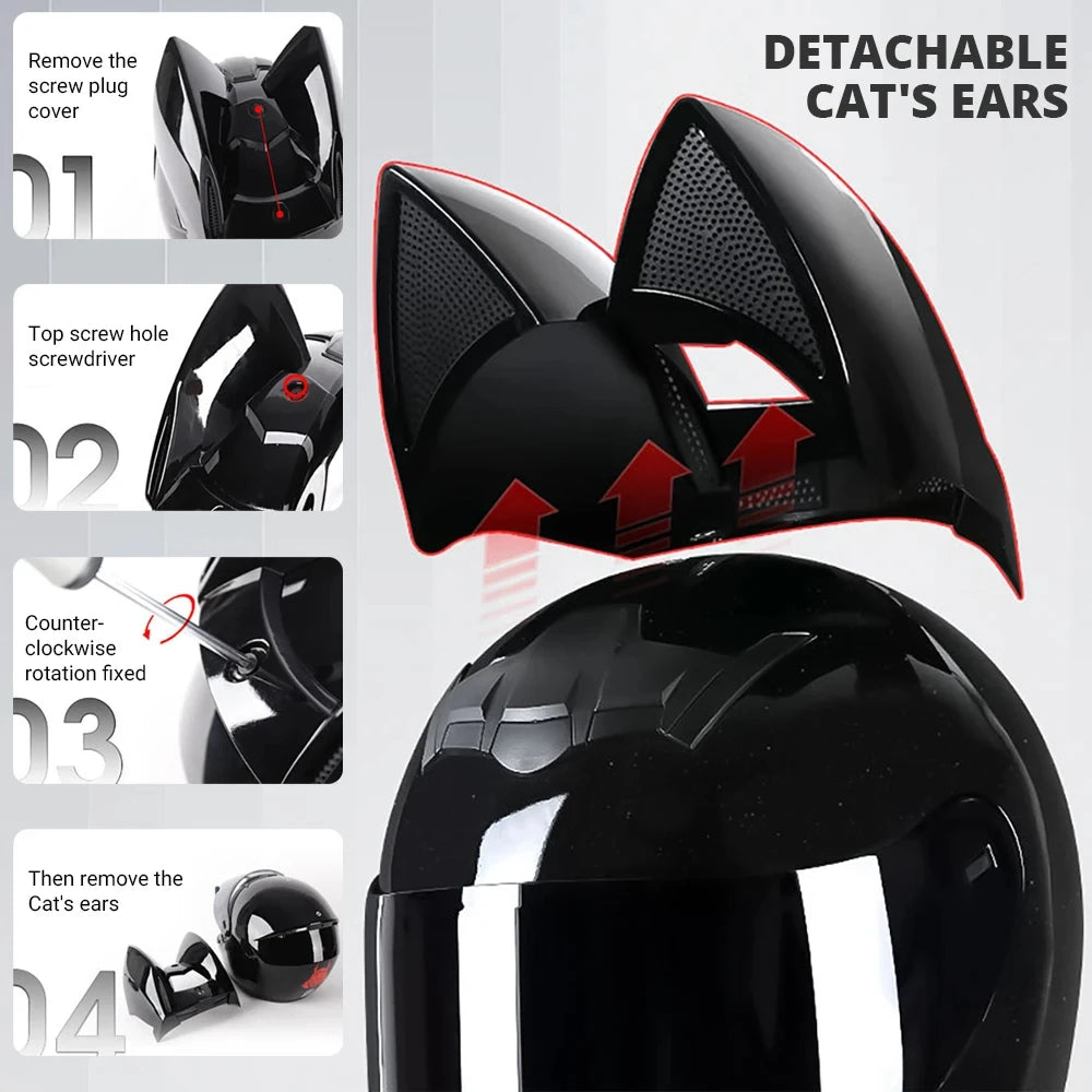 HNJ Motorcycle Helmet Full Face Removable Cat Ears