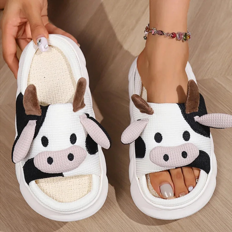 Warm Cow Furry Slippers Plush Lined