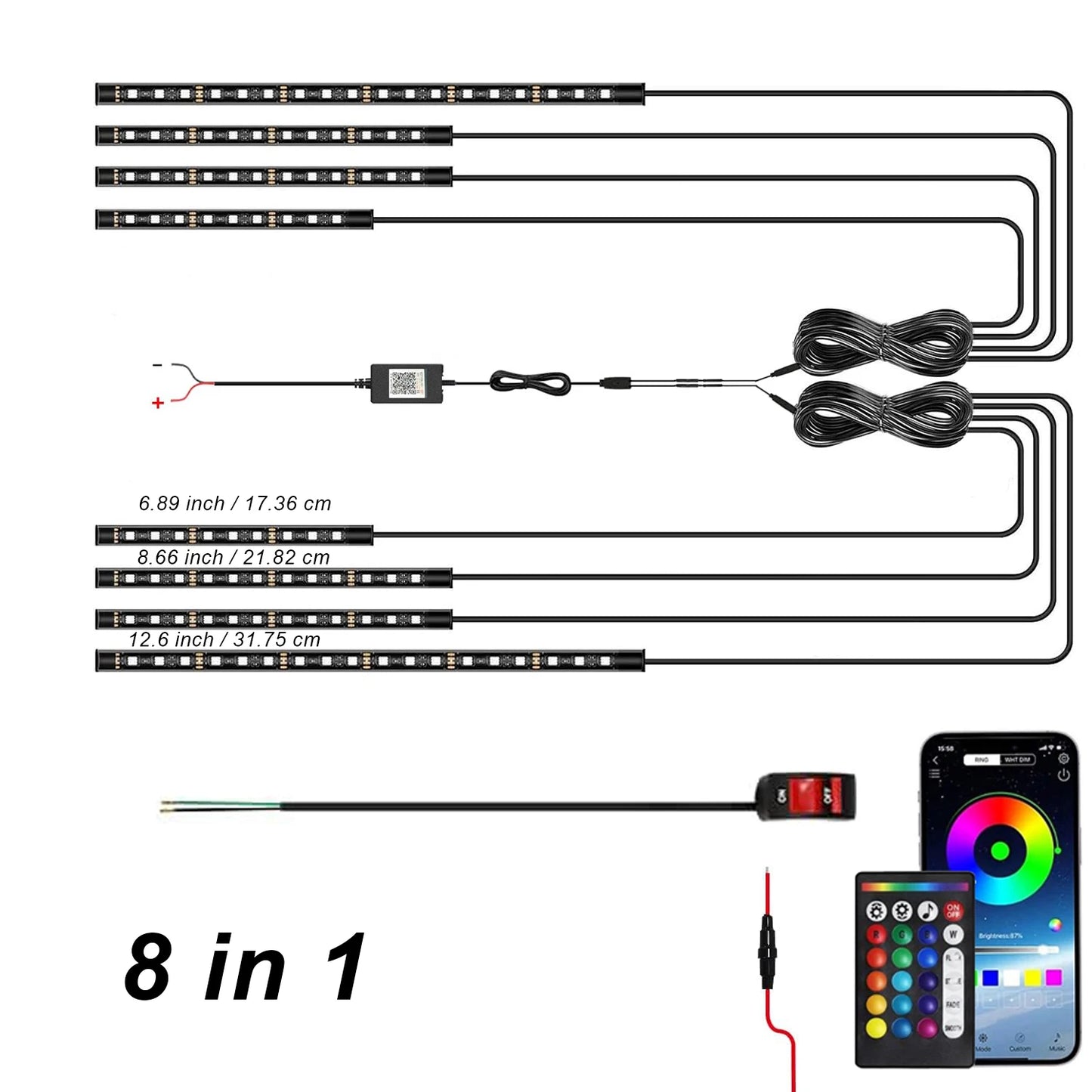 8/12pcs RGB Motorcycle LED Underglow Strip Light App Remote Multi-Color