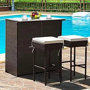 3 Piece Outdoor Rattan Wicker Bar Set with 2 Cushions Stools