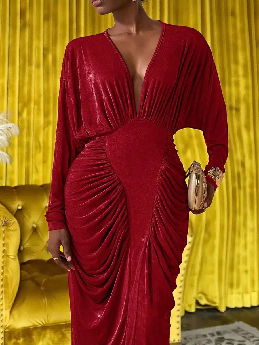 Plus Size Long Sleeve V-Neck Maxi Dress