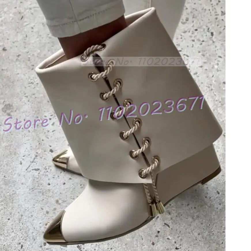 Metal Pointy Toe Wedge Ankle Boots
