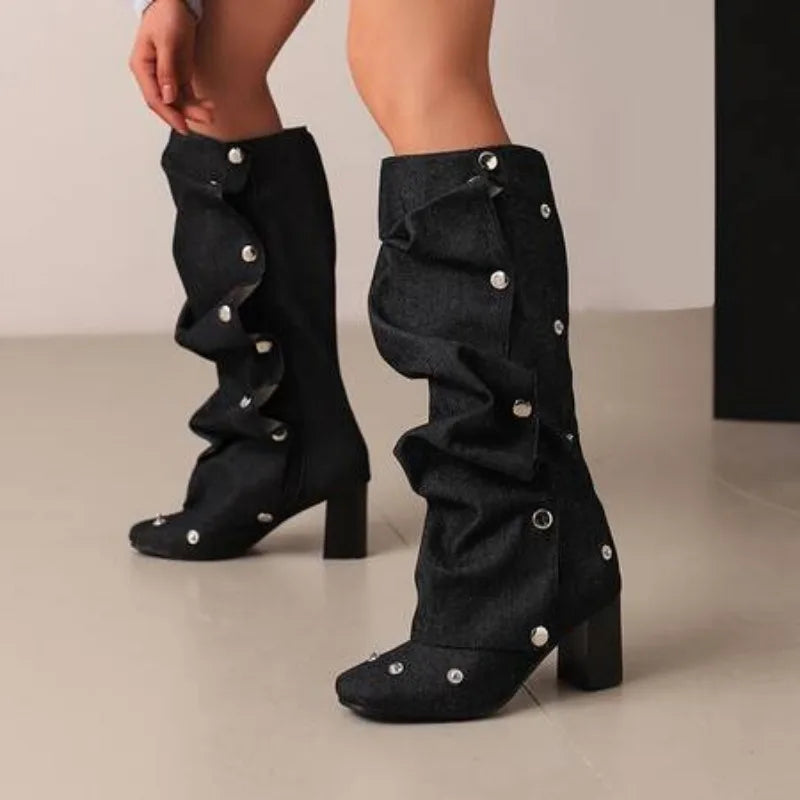 Denim Square Toe Boots 7cm Thick Heel Knee Length