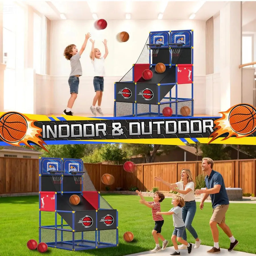 Dual Basketball Arcade with Electronic Scoreboard LED Light 6 Balls