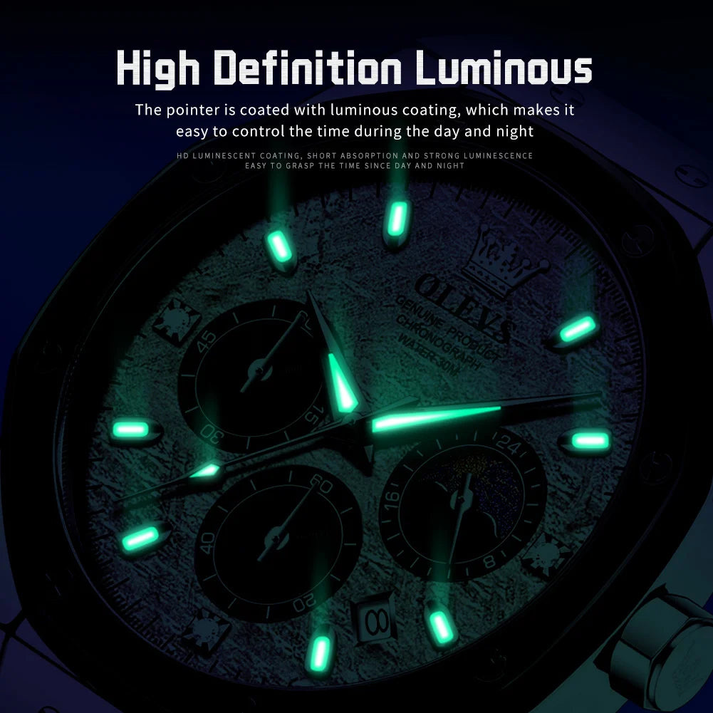 Waterproof Moon Phase Chronograph Quartz Watch
