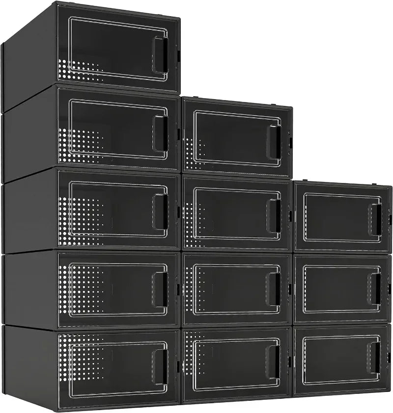 12 Pack Shoe Organizer Boxes Black Plastic Stackable