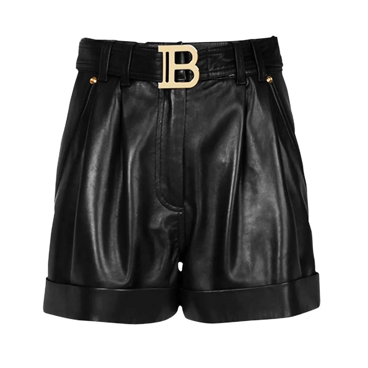 High Quality Leather Black Womens Shorts with Belt