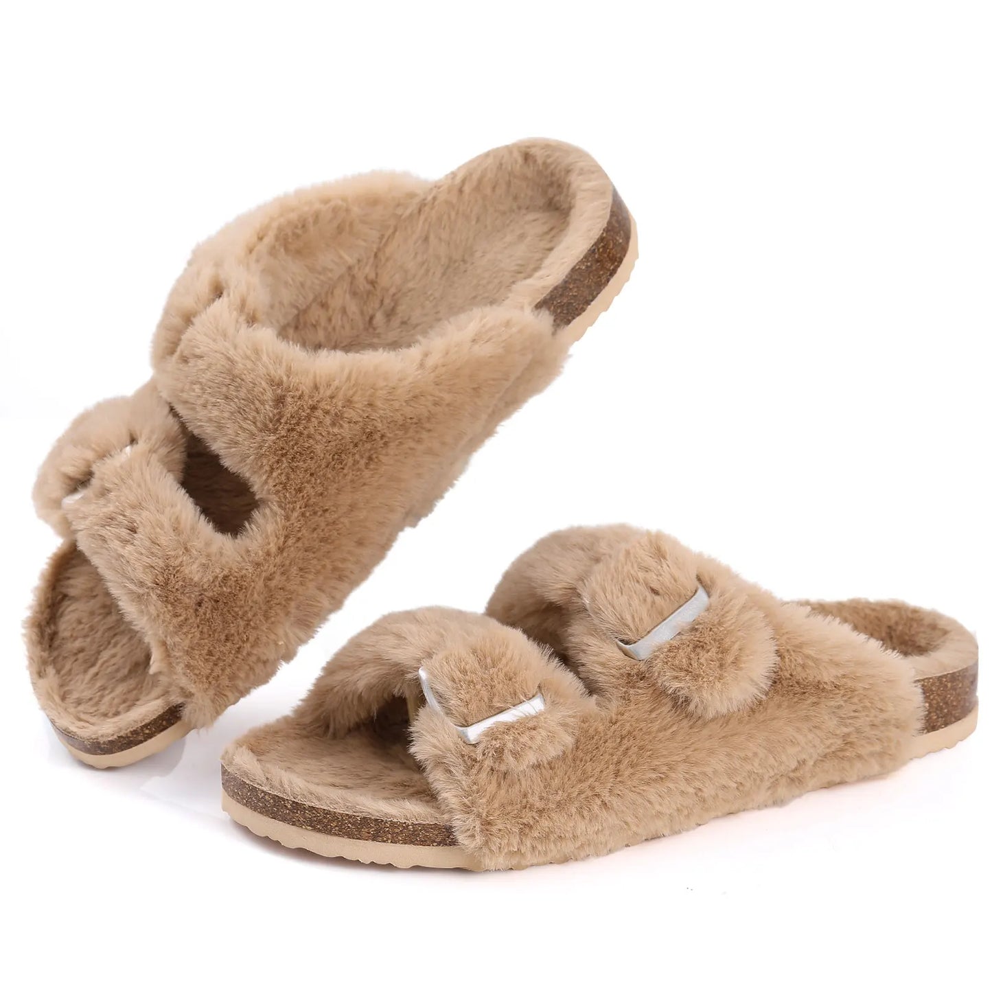 Fluffy Sandals Open Toe with Adjustable Buckle