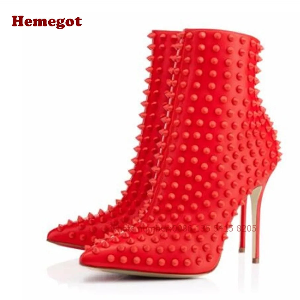 Black Rivet Pointy Ankle Boots Full-Studded Stiletto Heels