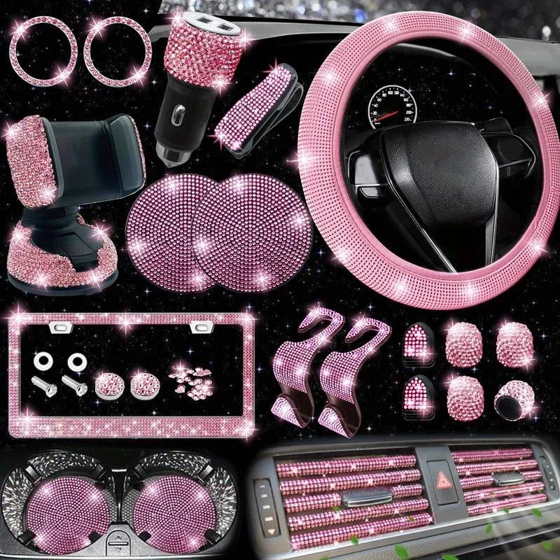 Set 27 Piece Women Bling Universal Fit Steering Cover Shiny License Frame Phone Holder Coasters Tools