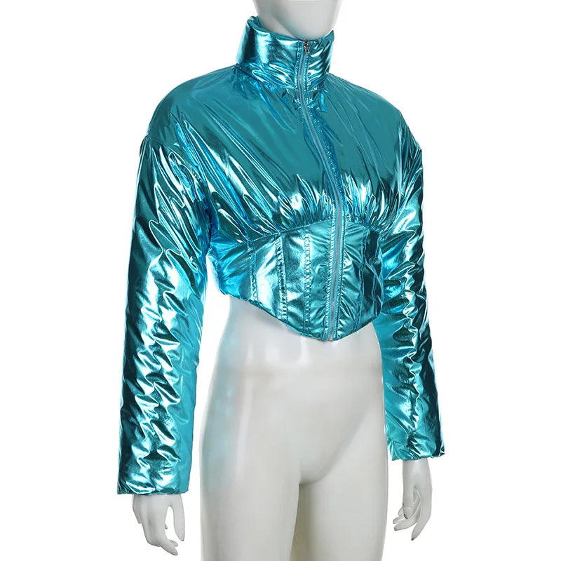 Blue Metallic Long Sleeve Cropped Puffer Jacket