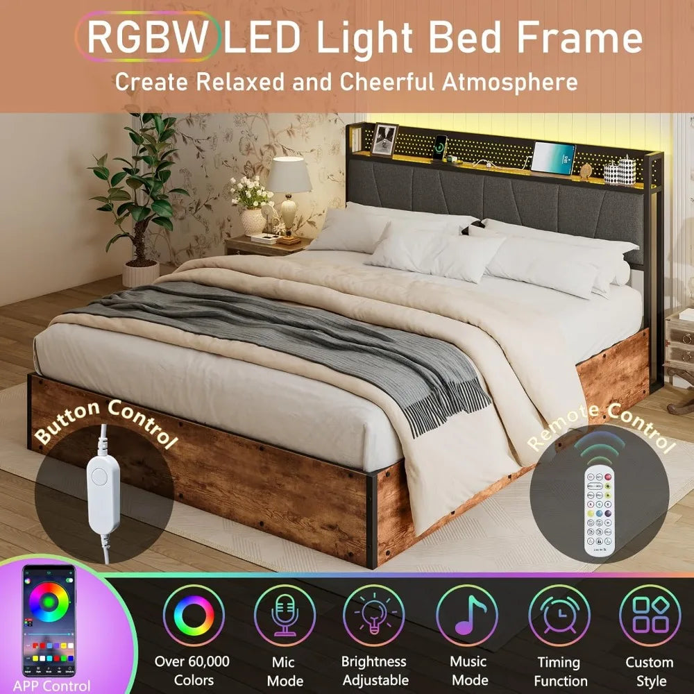 Queen Size Lift Up Storage Bed Frame RGBW LED Light