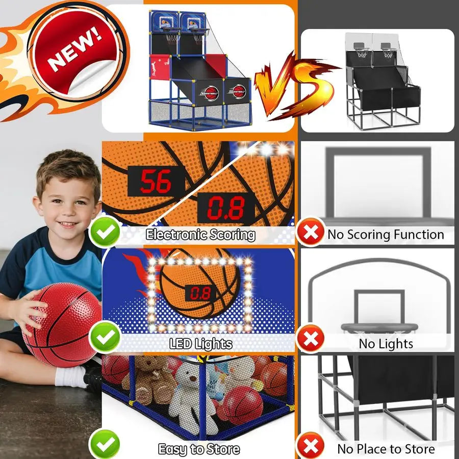 Dual Basketball Arcade with Electronic Scoreboard LED Light 6 Balls