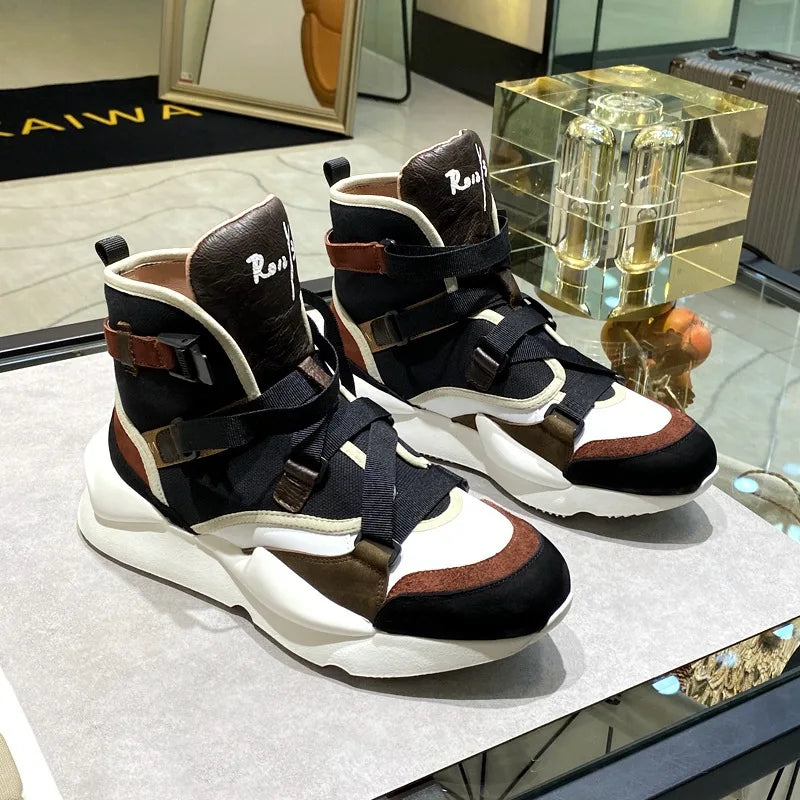 Men Genuine Leather Thick Bottom High Top Sneakers