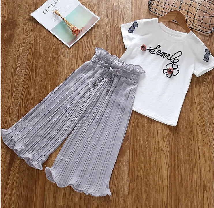 Girls Clothing Sets T-Shirt +Wide Leg Pants Suit